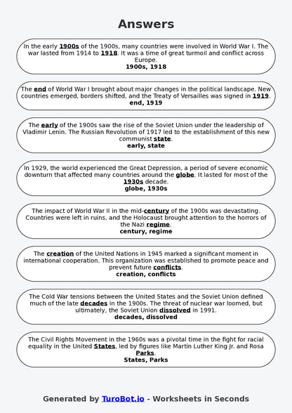 Year 5 History Fill in the Blanks Worksheet – Timelines and Key Events in the 1900s