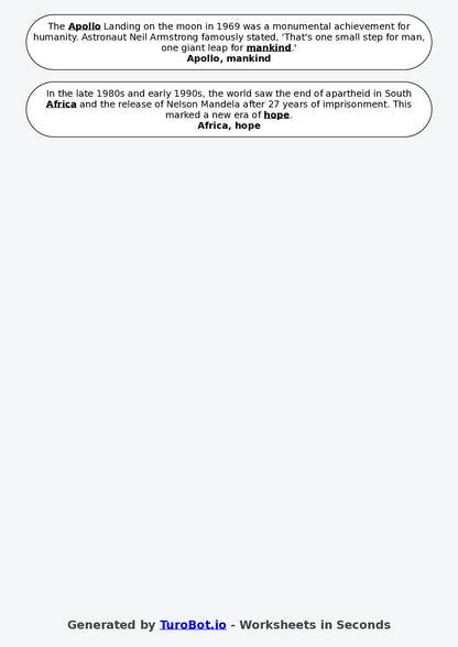 Year 5 History Fill in the Blanks Worksheet – Timelines and Key Events in the 1900s