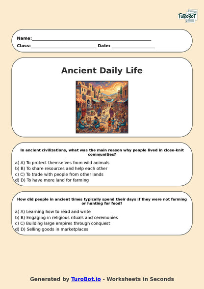 Year 5 History Multiple Choice Worksheet – Daily Life in Ancient Times