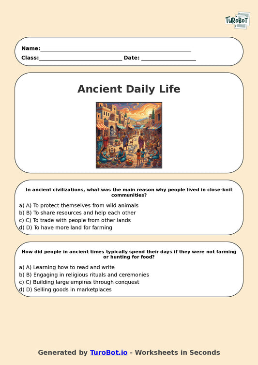 Year 5 History Multiple Choice Worksheet – Daily Life in Ancient Times