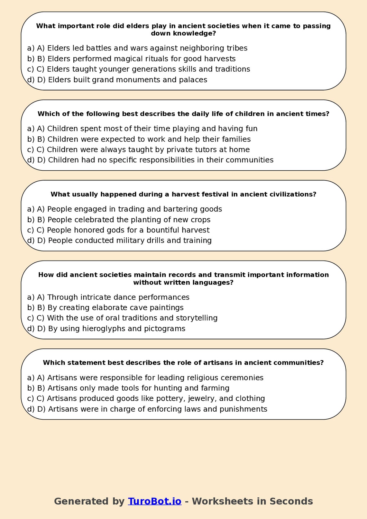 Year 5 History Multiple Choice Worksheet – Daily Life in Ancient Times