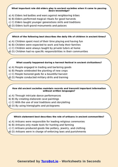 Year 5 History Multiple Choice Worksheet – Daily Life in Ancient Times