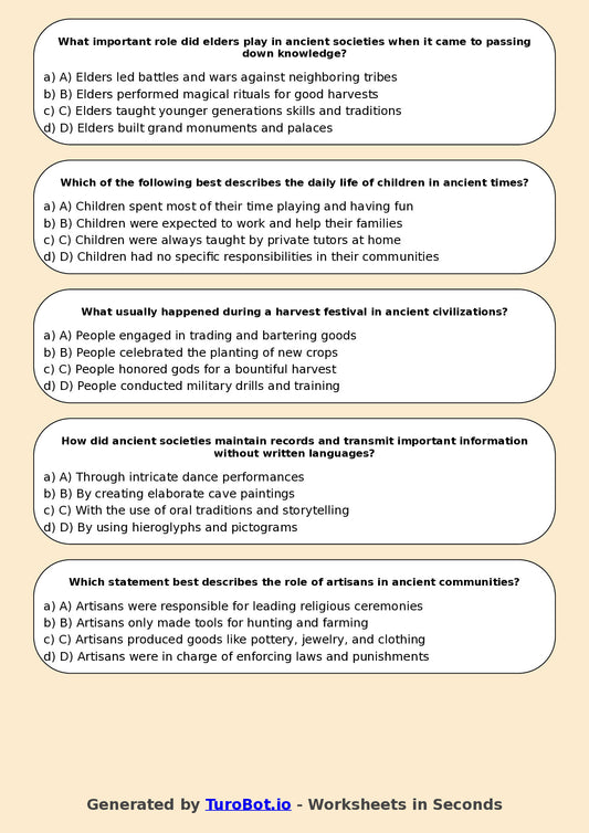Year 5 History Multiple Choice Worksheet – Daily Life in Ancient Times