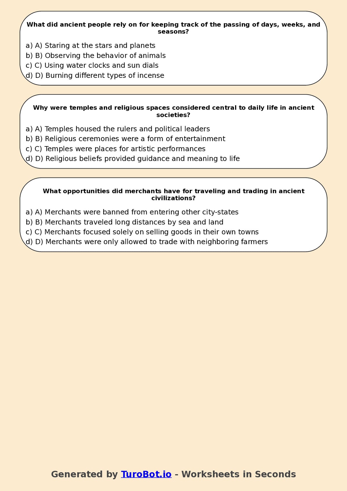 Year 5 History Multiple Choice Worksheet – Daily Life in Ancient Times