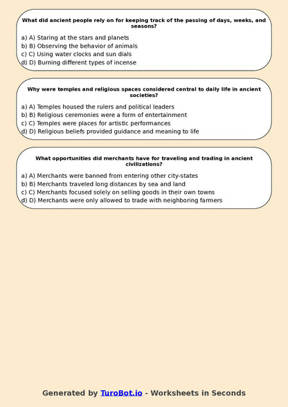 Year 5 History Multiple Choice Worksheet – Daily Life in Ancient Times