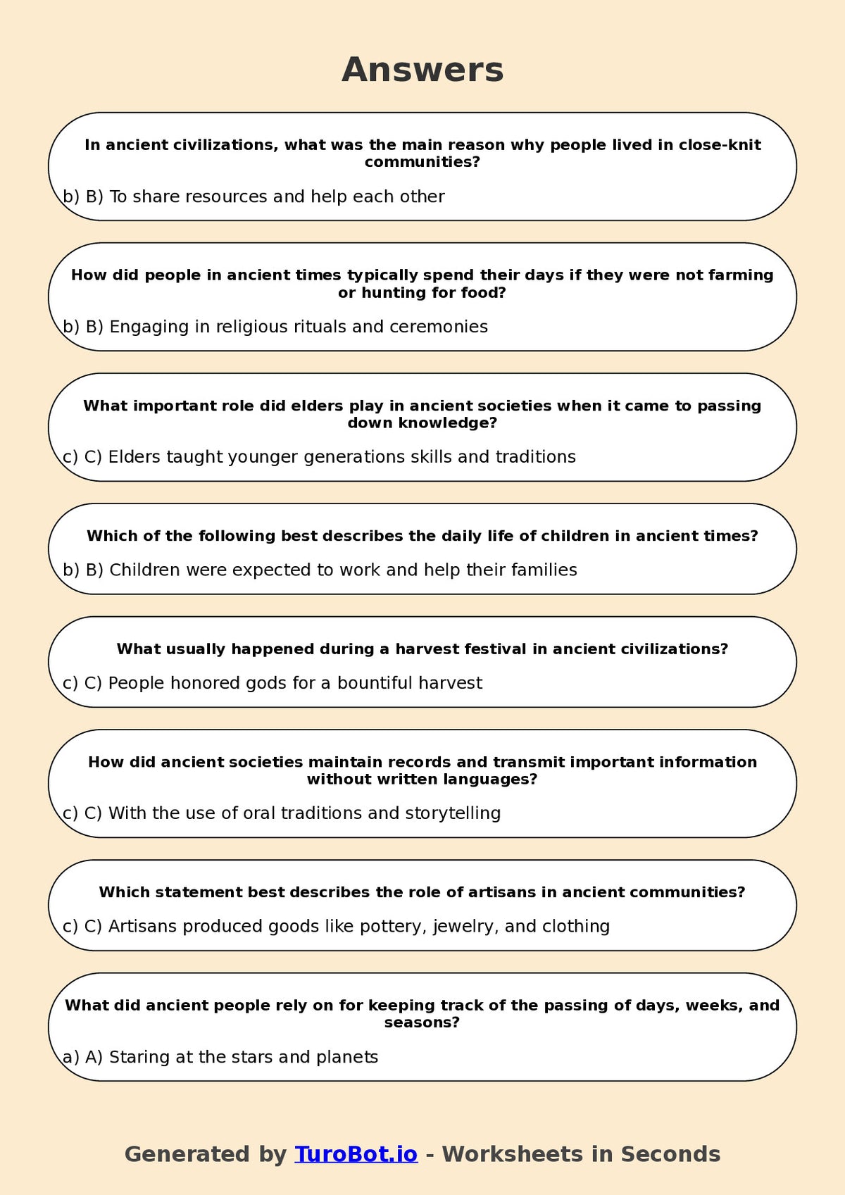 Year 5 History Multiple Choice Worksheet – Daily Life in Ancient Times