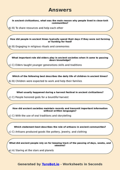 Year 5 History Multiple Choice Worksheet – Daily Life in Ancient Times