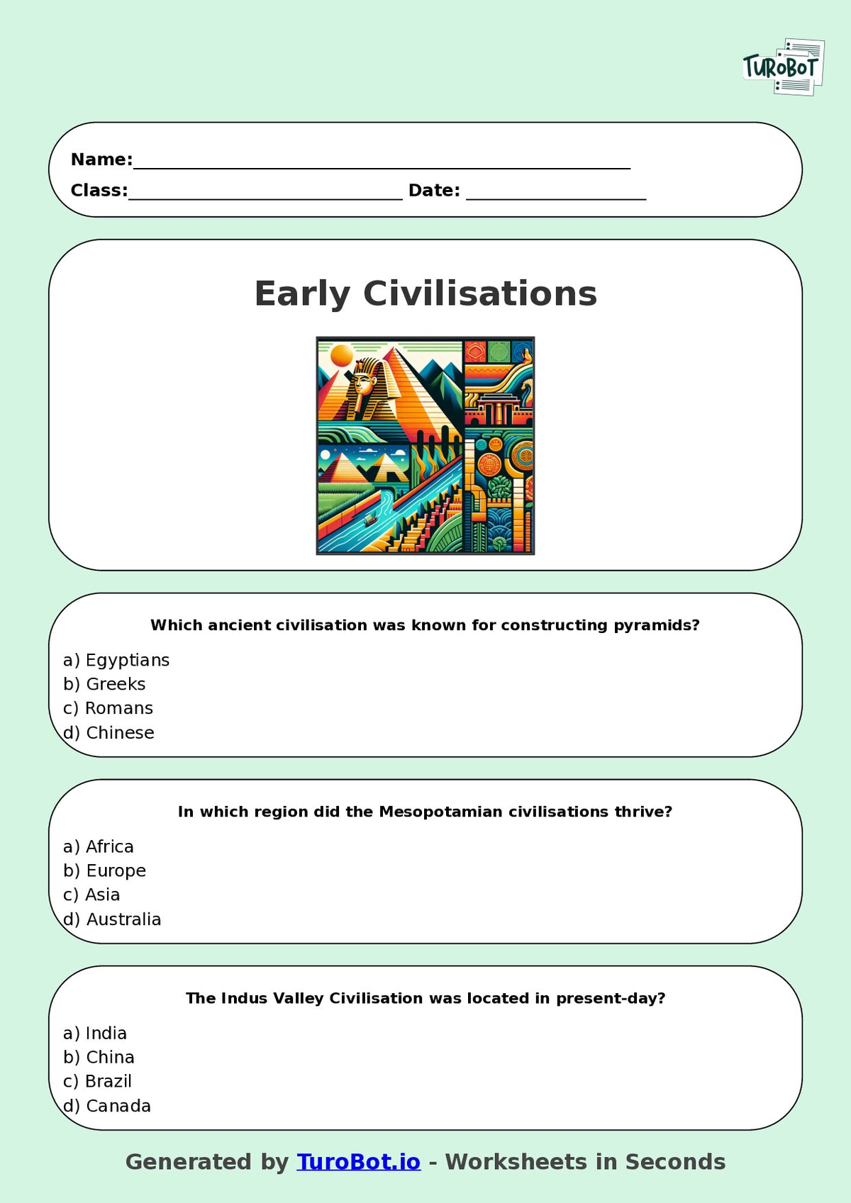 Year 5 History Multiple Choice Worksheet – Early Civilisations
