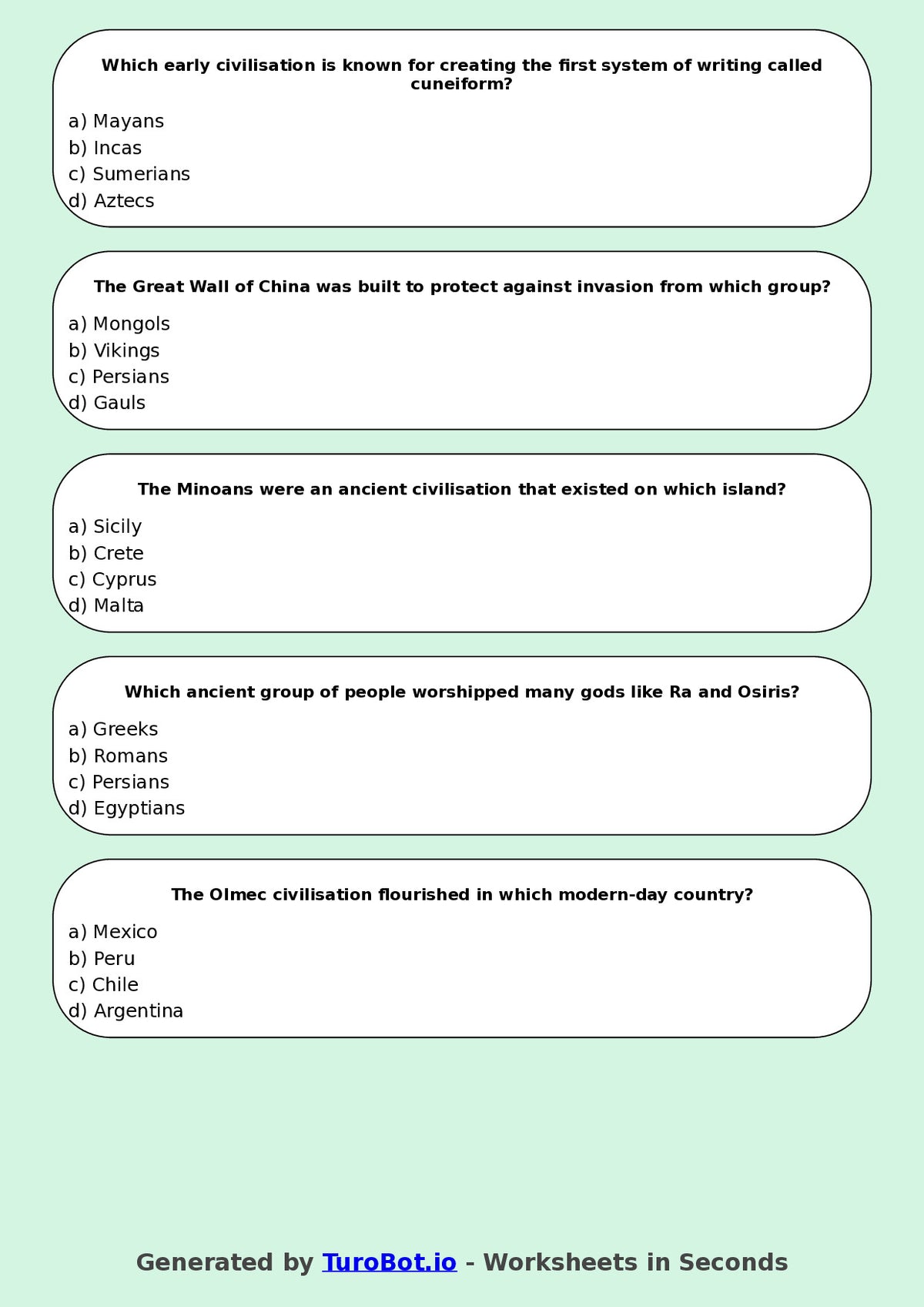 Year 5 History Multiple Choice Worksheet – Early Civilisations