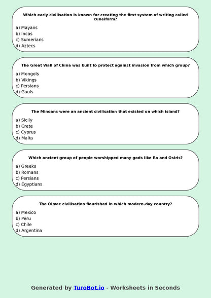 Year 5 History Multiple Choice Worksheet – Early Civilisations