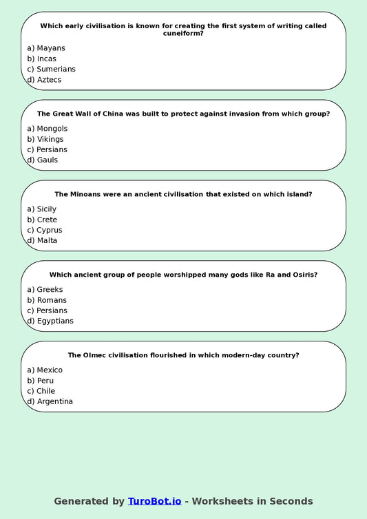 Year 5 History Multiple Choice Worksheet – Early Civilisations