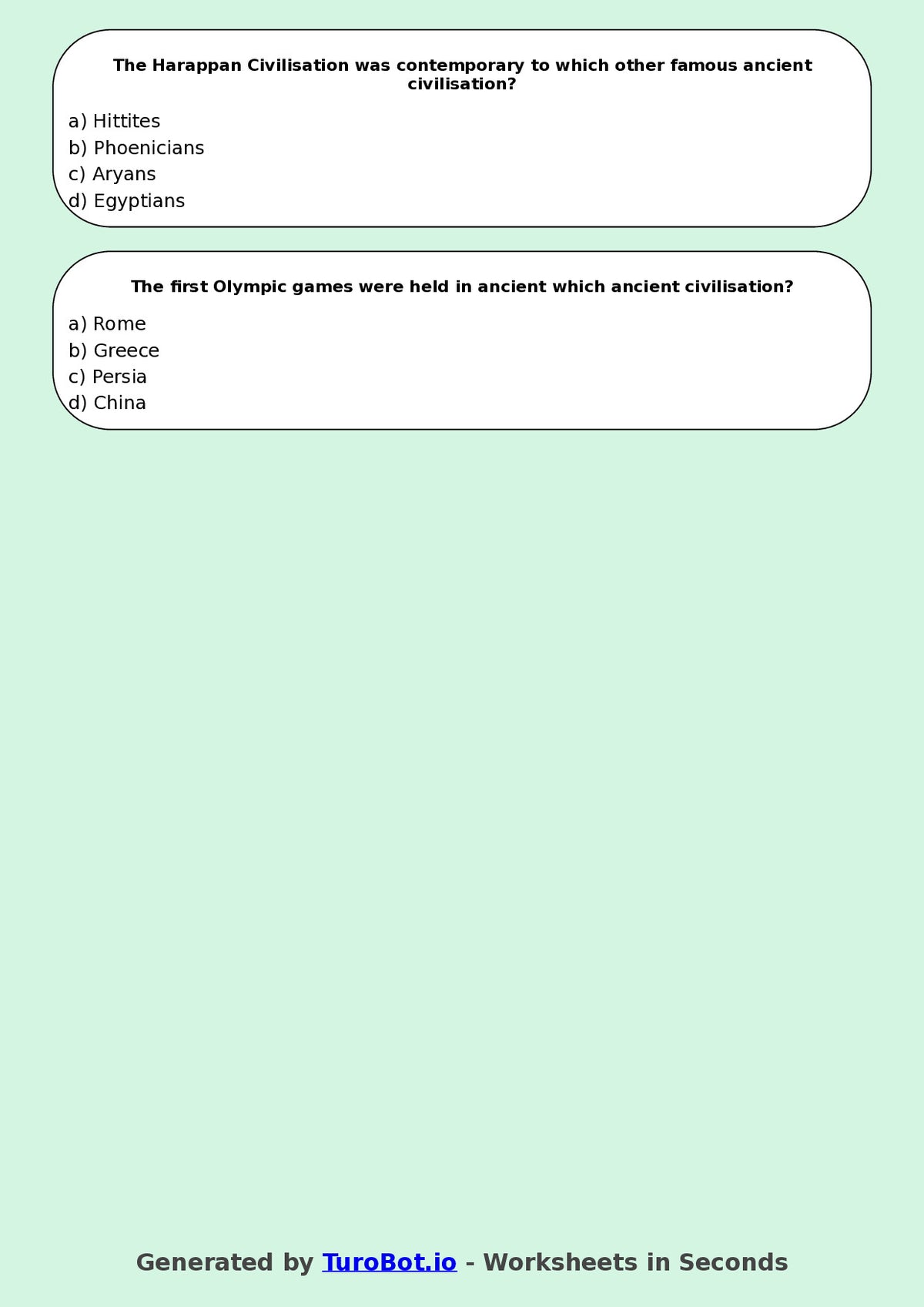 Year 5 History Multiple Choice Worksheet – Early Civilisations