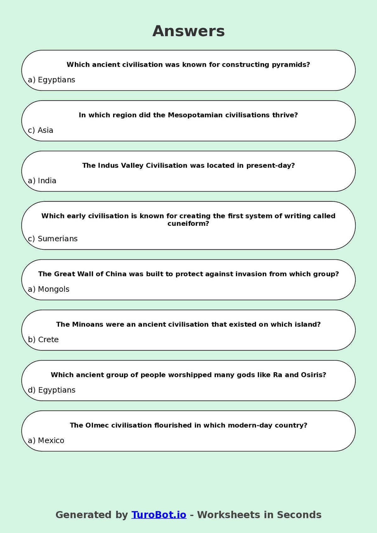 Year 5 History Multiple Choice Worksheet – Early Civilisations