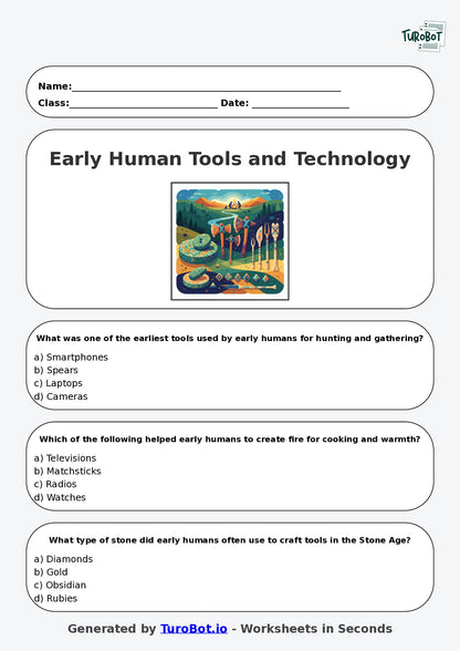 Year 5 History Multiple Choice Worksheet – Early Human Tools and Technology