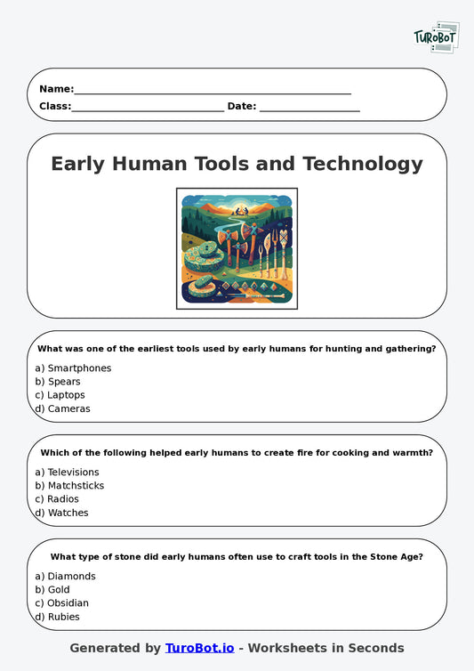 Year 5 History Multiple Choice Worksheet – Early Human Tools and Technology