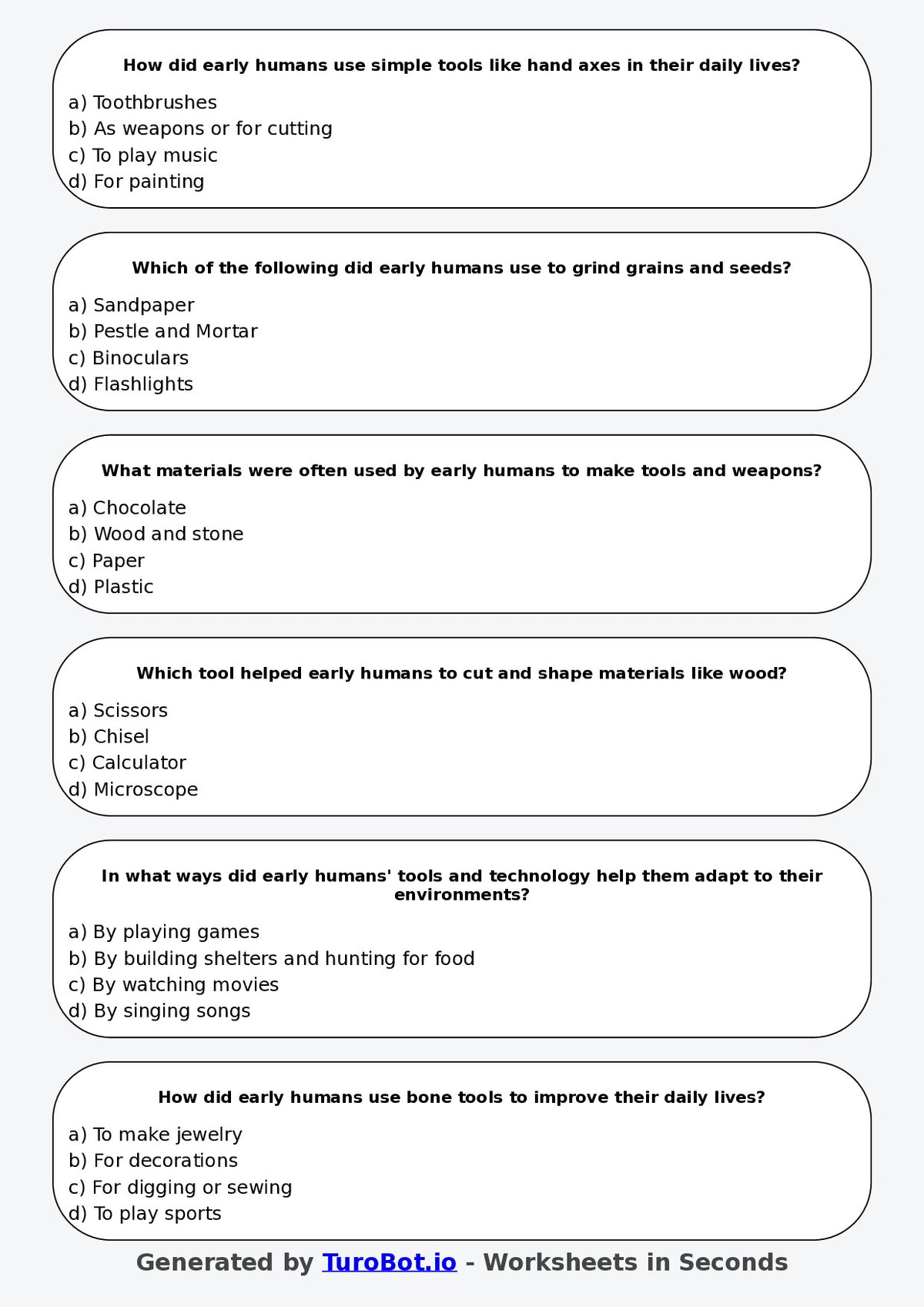 Year 5 History Multiple Choice Worksheet – Early Human Tools and Technology
