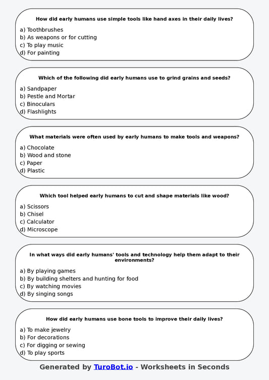Year 5 History Multiple Choice Worksheet – Early Human Tools and Technology