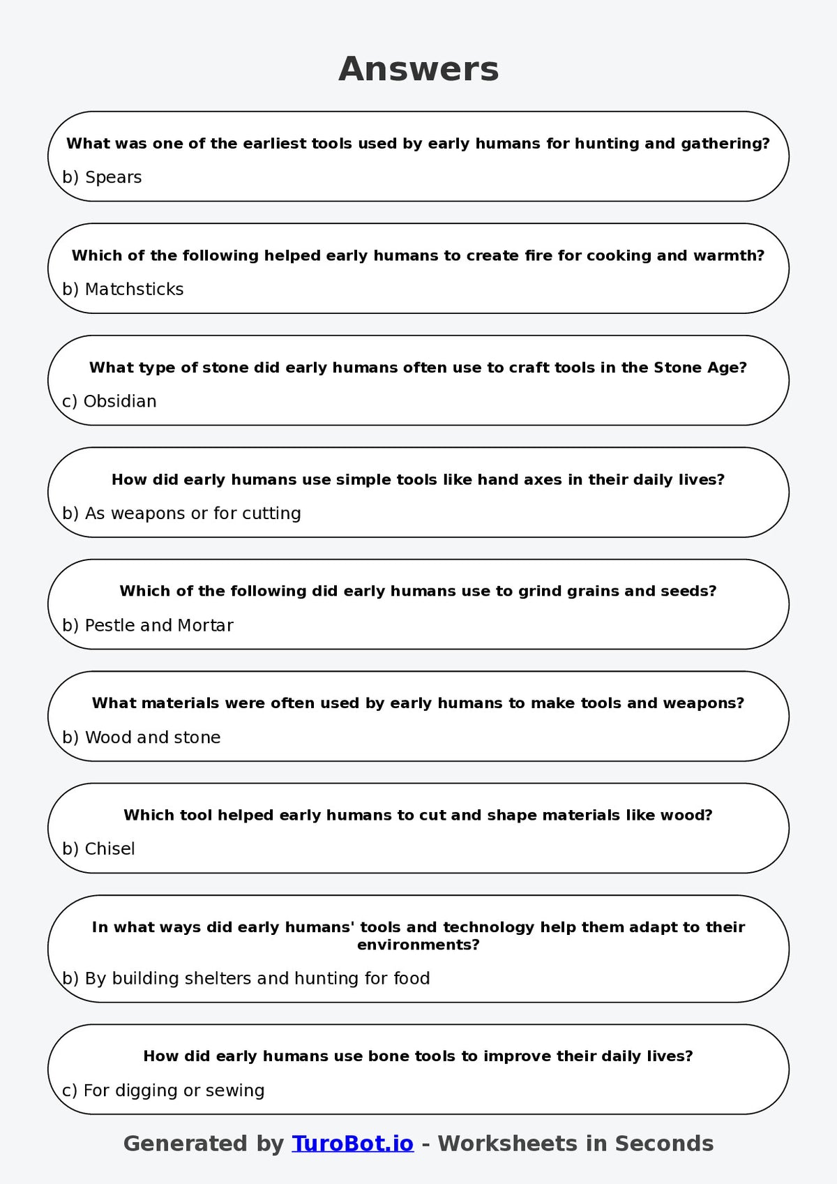 Year 5 History Multiple Choice Worksheet – Early Human Tools and Technology