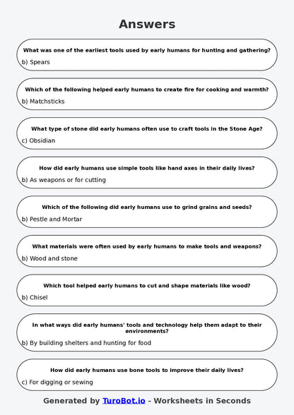 Year 5 History Multiple Choice Worksheet – Early Human Tools and Technology