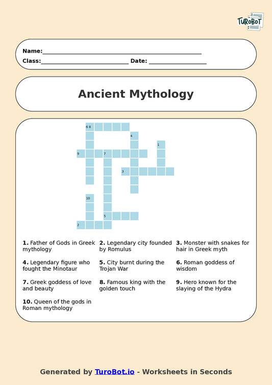 Year 6 History Crossword Worksheet – Ancient Mythology
