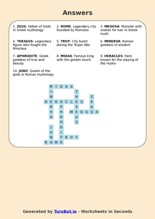 Year 6 History Crossword Worksheet – Ancient Mythology