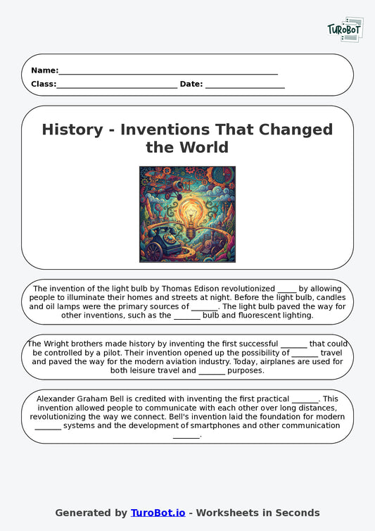 Year 6 History Fill in the Blanks Worksheet – Inventions That Changed the World