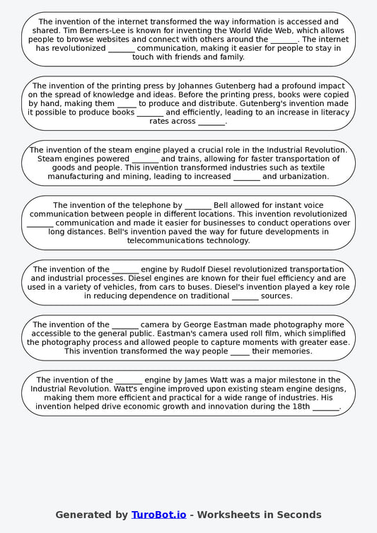 Year 6 History Fill in the Blanks Worksheet – Inventions That Changed the World