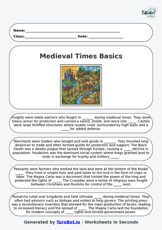 Year 6 History Fill in the Blanks Worksheet – Medieval Times Basics