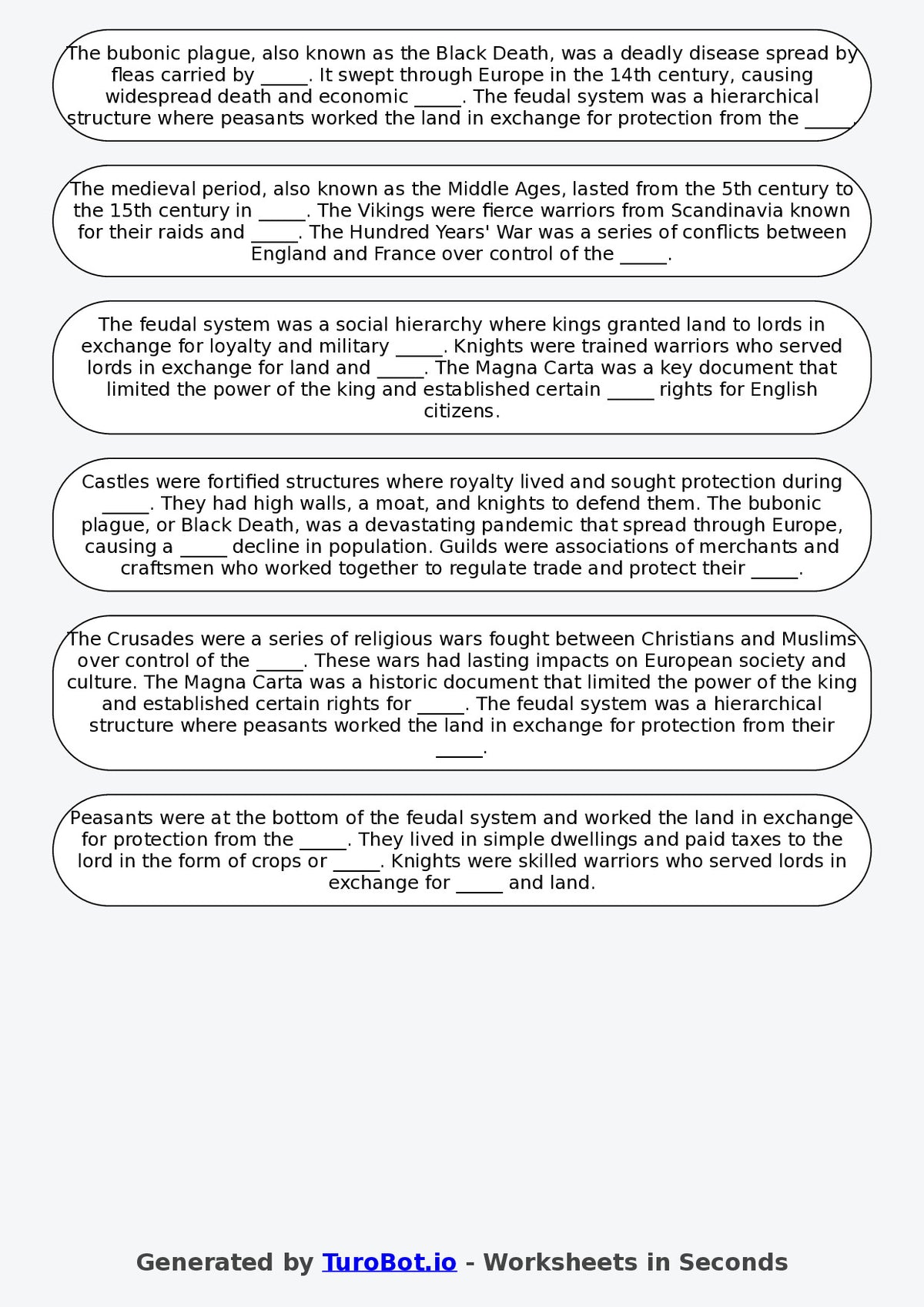 Year 6 History Fill in the Blanks Worksheet – Medieval Times Basics