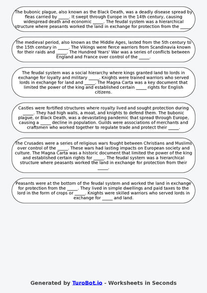 Year 6 History Fill in the Blanks Worksheet – Medieval Times Basics