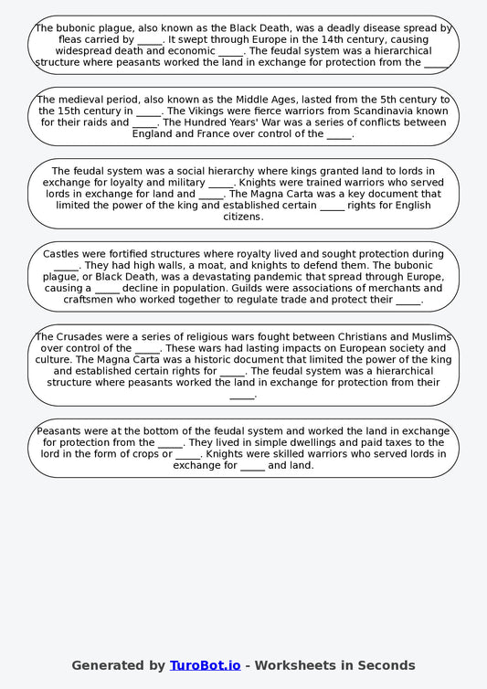 Year 6 History Fill in the Blanks Worksheet – Medieval Times Basics