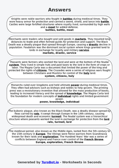 Year 6 History Fill in the Blanks Worksheet – Medieval Times Basics