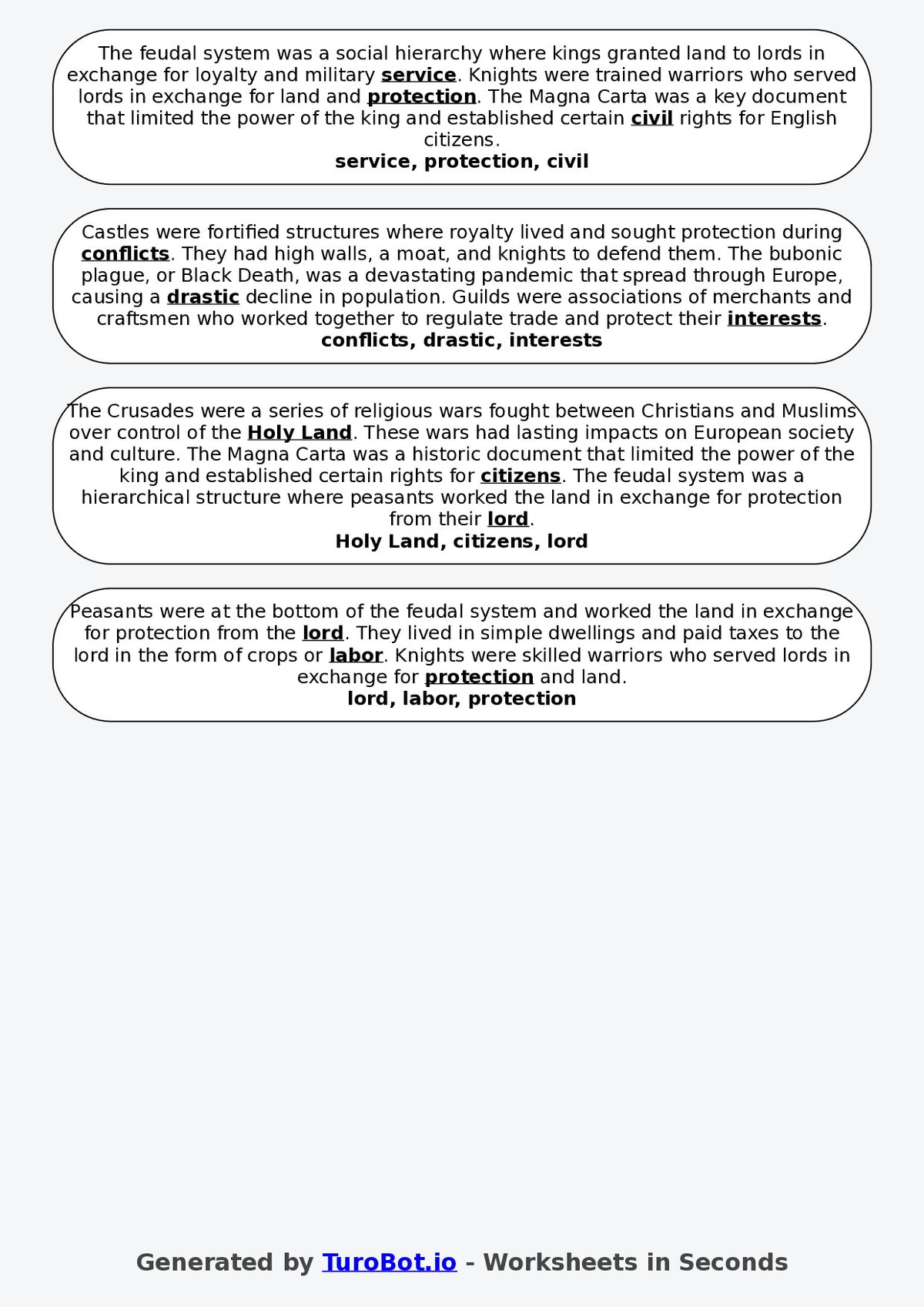 Year 6 History Fill in the Blanks Worksheet – Medieval Times Basics
