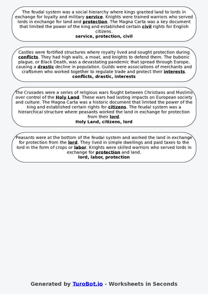 Year 6 History Fill in the Blanks Worksheet – Medieval Times Basics