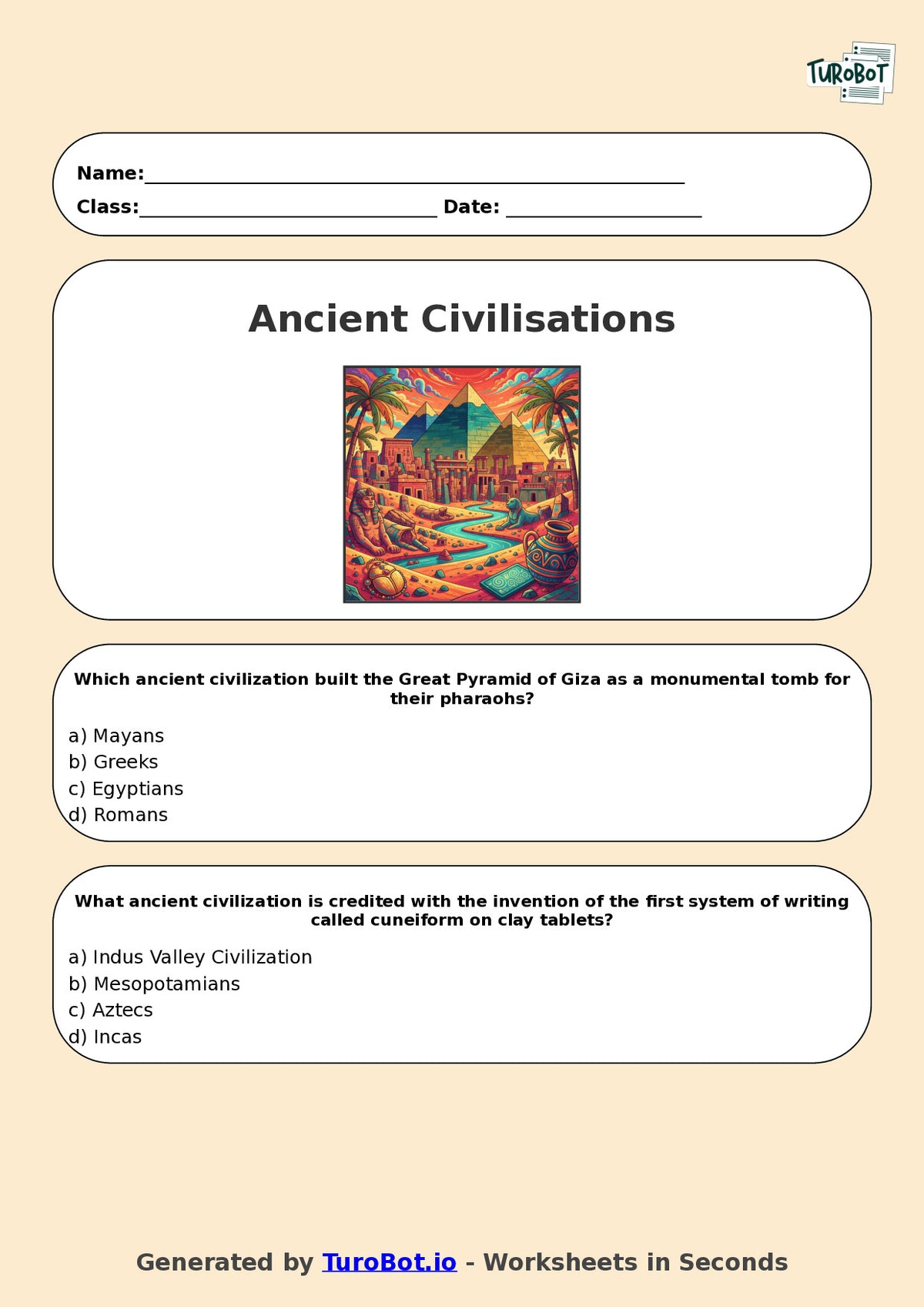 Year 6 History Multiple Choice Worksheet – Ancient Civilisations Overview