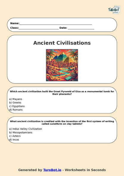 Year 6 History Multiple Choice Worksheet – Ancient Civilisations Overview