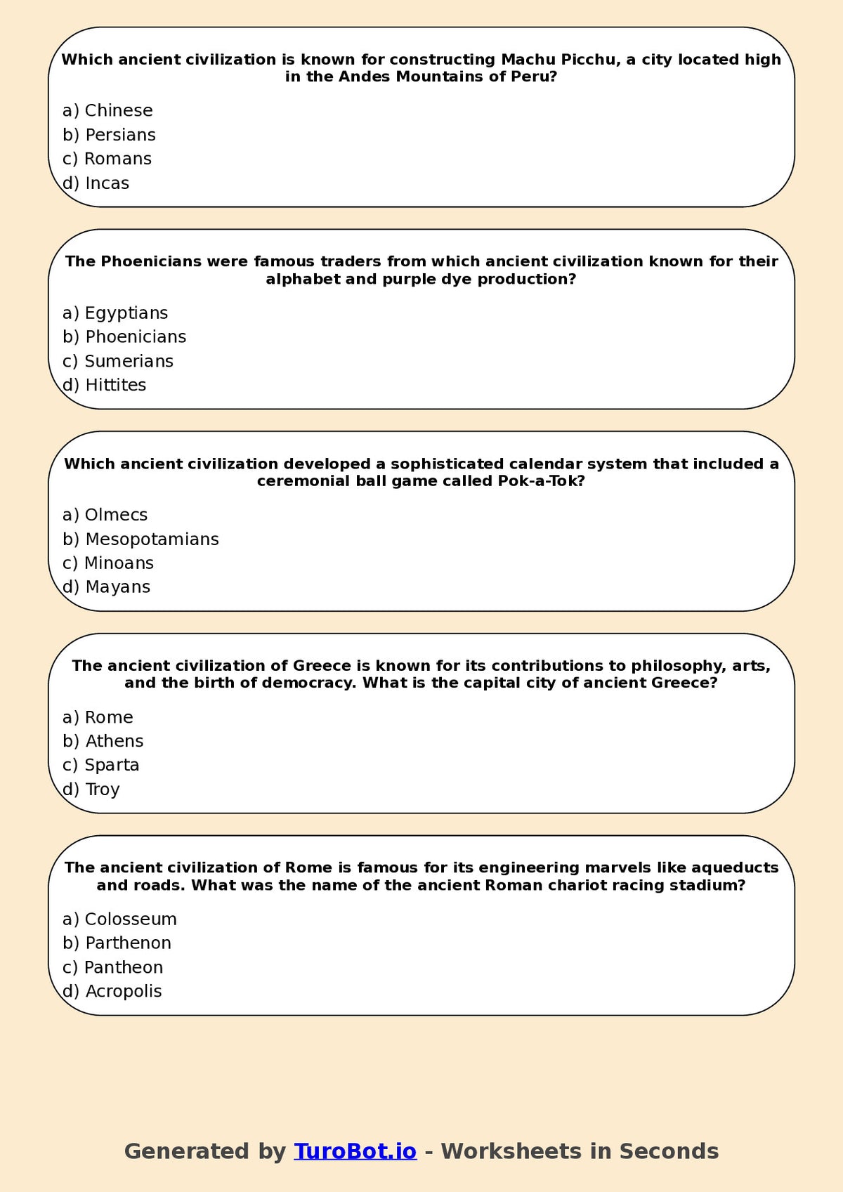 Year 6 History Multiple Choice Worksheet – Ancient Civilisations Overview