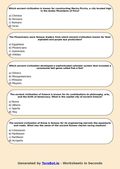 Year 6 History Multiple Choice Worksheet – Ancient Civilisations Overview
