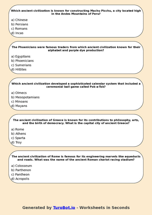 Year 6 History Multiple Choice Worksheet – Ancient Civilisations Overview