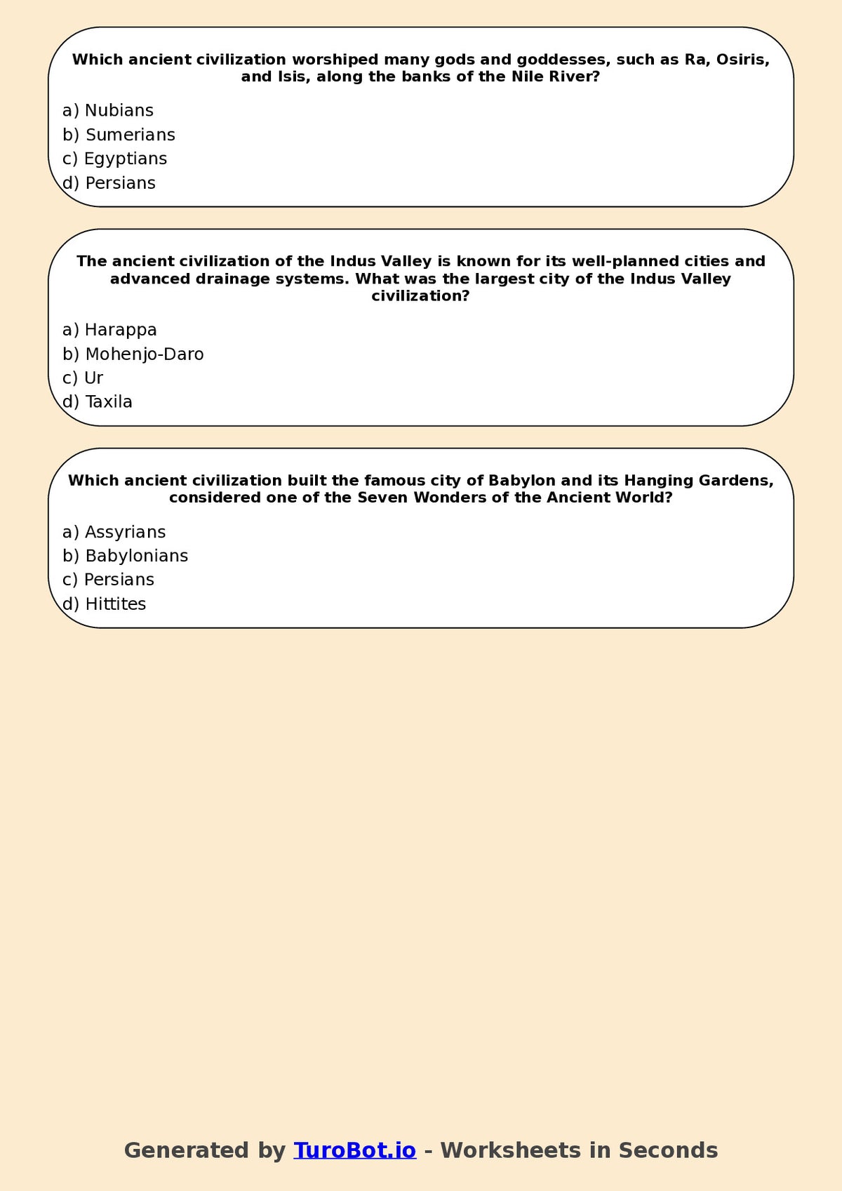 Year 6 History Multiple Choice Worksheet – Ancient Civilisations Overview