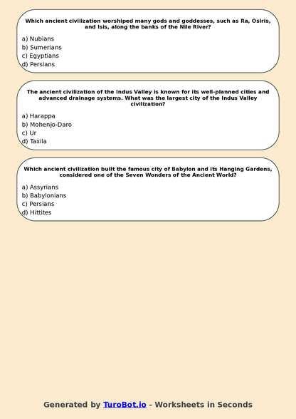 Year 6 History Multiple Choice Worksheet – Ancient Civilisations Overview
