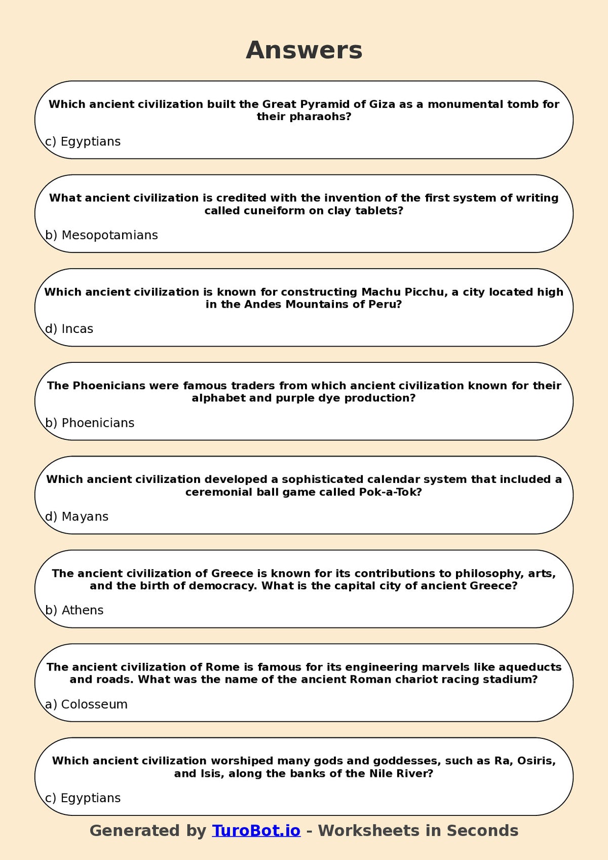 Year 6 History Multiple Choice Worksheet – Ancient Civilisations Overview