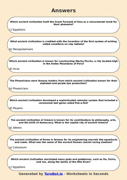 Year 6 History Multiple Choice Worksheet – Ancient Civilisations Overview