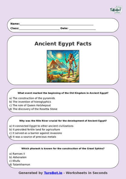Year 6 History Multiple Choice Worksheet – Ancient Egypt Facts