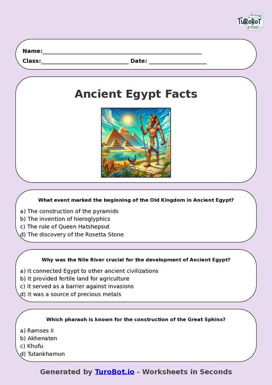 Year 6 History Multiple Choice Worksheet – Ancient Egypt Facts