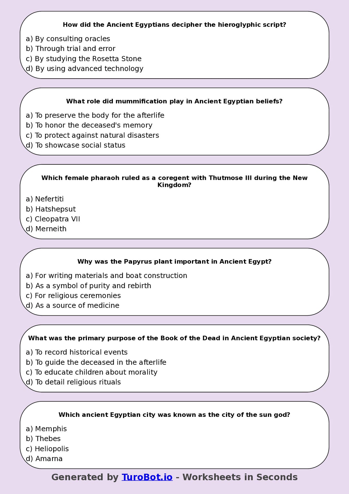 Year 6 History Multiple Choice Worksheet – Ancient Egypt Facts