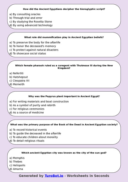 Year 6 History Multiple Choice Worksheet – Ancient Egypt Facts