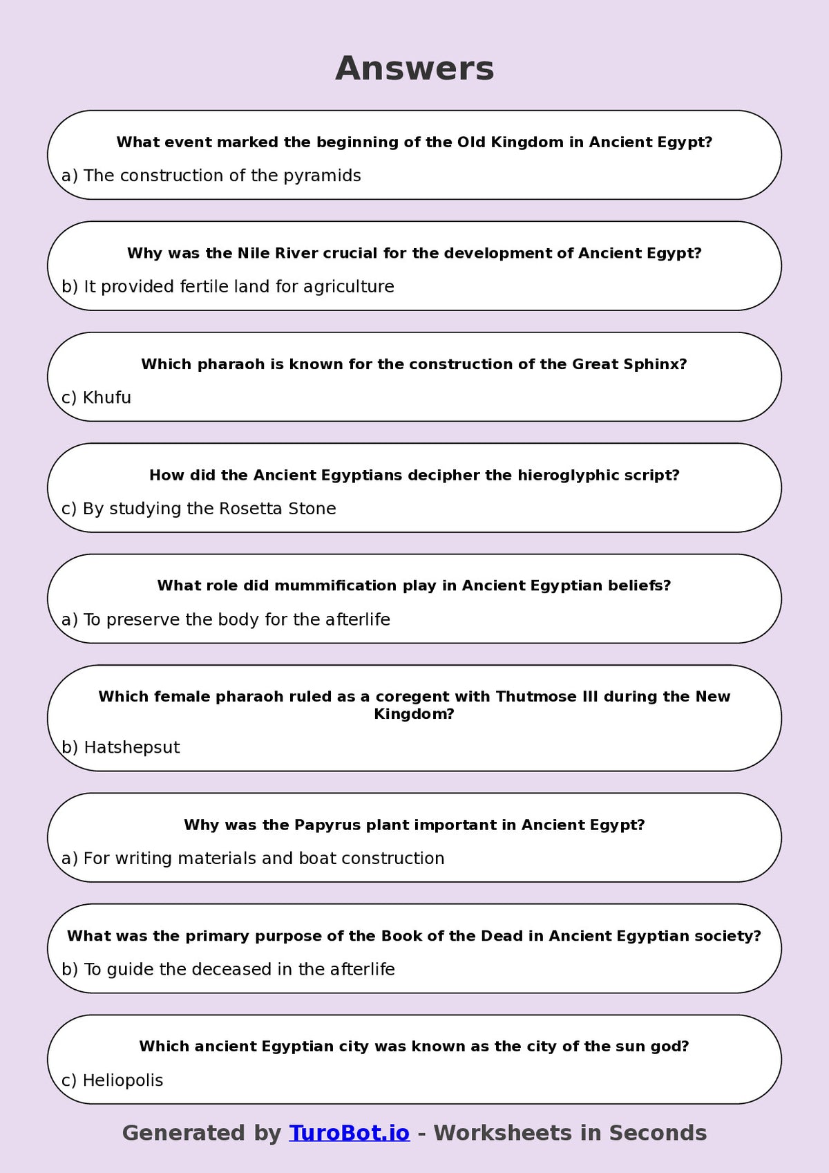 Year 6 History Multiple Choice Worksheet – Ancient Egypt Facts