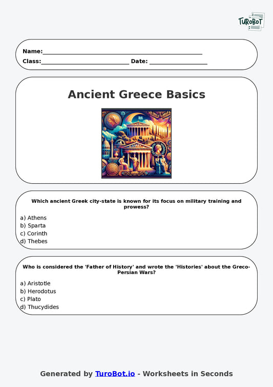 Year 6 History Multiple Choice Worksheet – Ancient Greece Basics