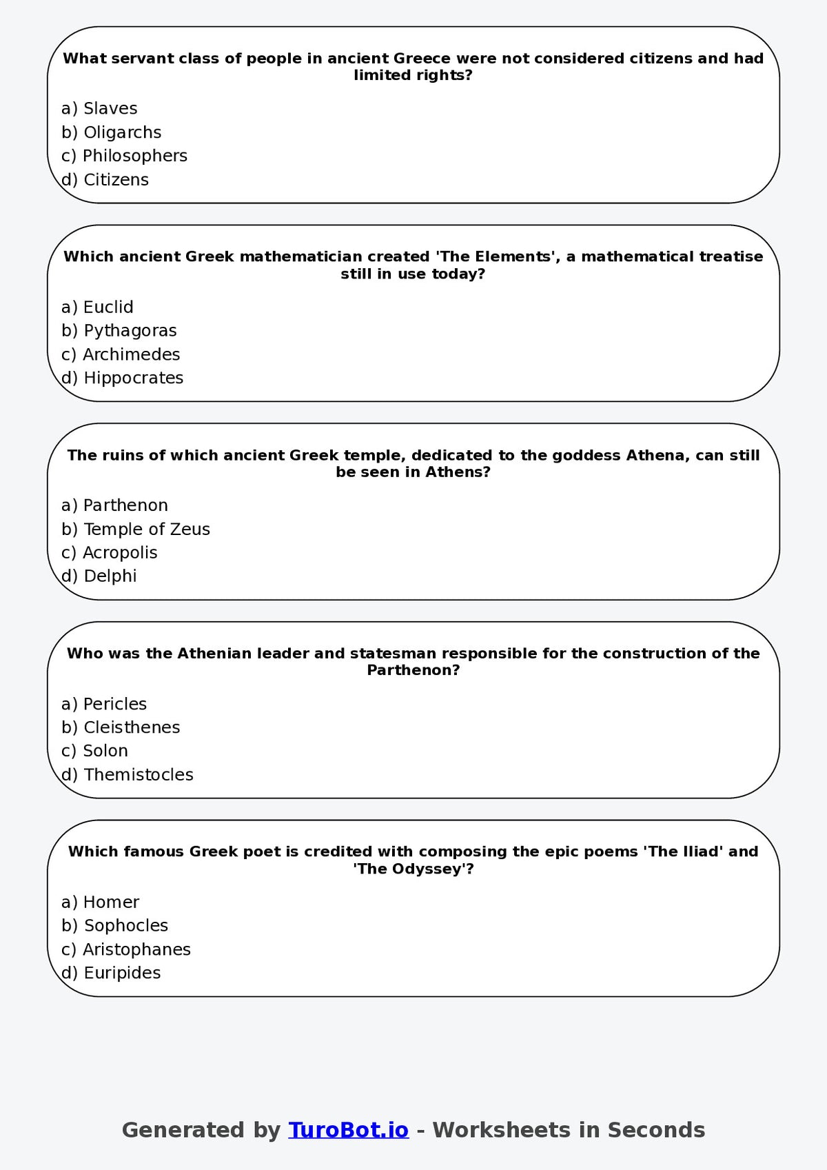 Year 6 History Multiple Choice Worksheet – Ancient Greece Basics